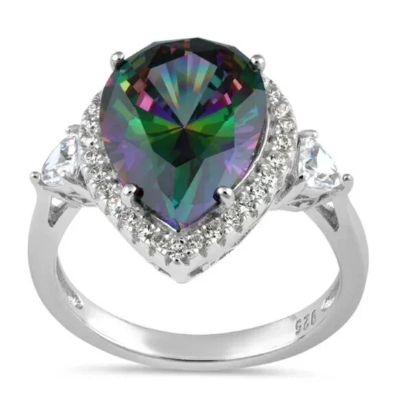 925 Sterling Silver Simulated Mystic Rainbow Topaz CZ Pear Cut Halo Ring - Picture 15 of 16